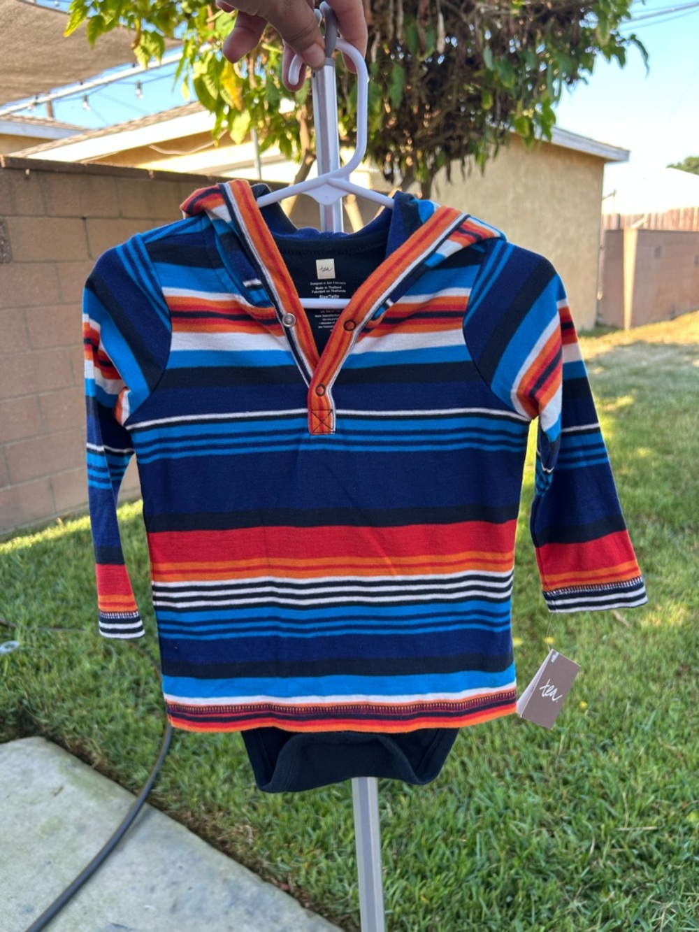 Tea Collection Navy, Blue & Orange Striped Hooded Baby Bodysuit